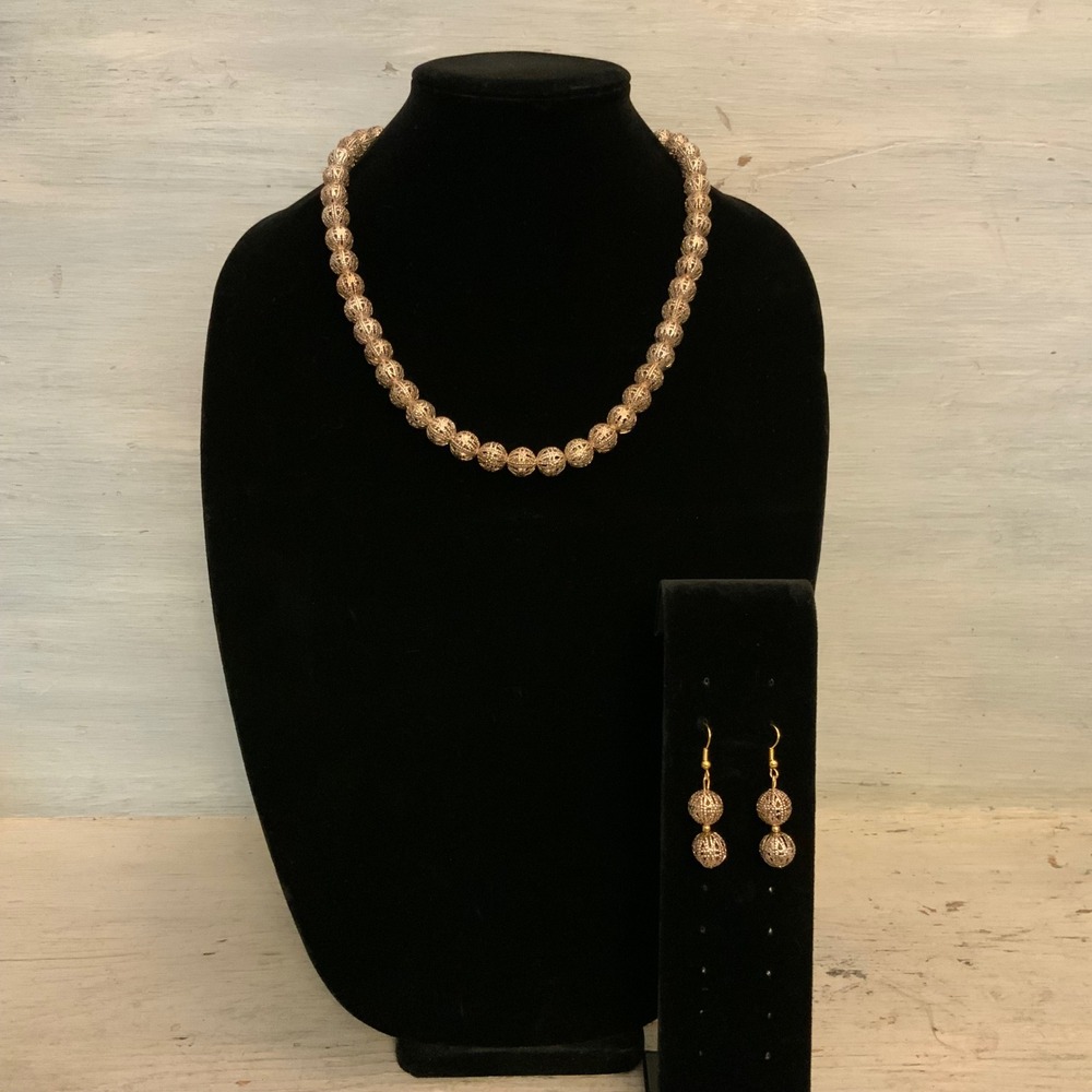 Gold Tone Metallic Spherical Open Filigree Beaded Necklace & Earring Set 23" GC